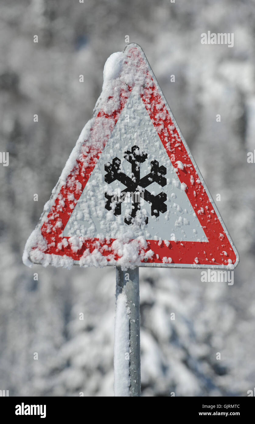Segno di avvertimento di neve Foto Stock