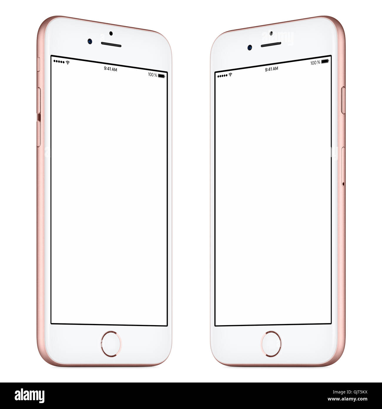 Smartphone. Questo smartphone mockup include entrambi i lati leggermente ruotato rosa o oro rosa smartphone con schermo vuoto Foto Stock
