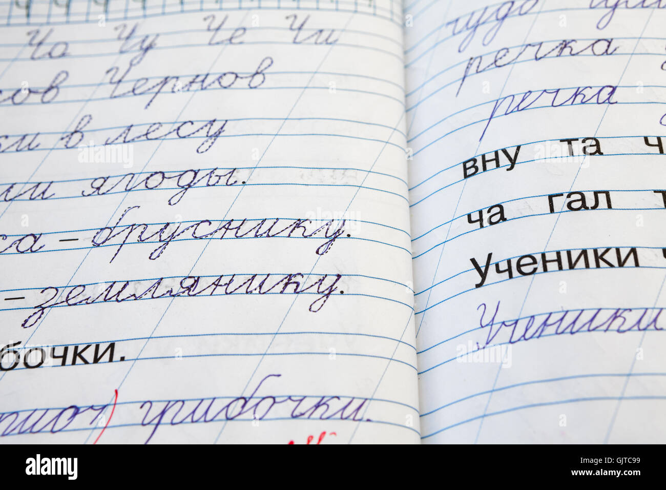 Chiusura del quaderno della scuola per bambini con frasi russe scritte Foto Stock