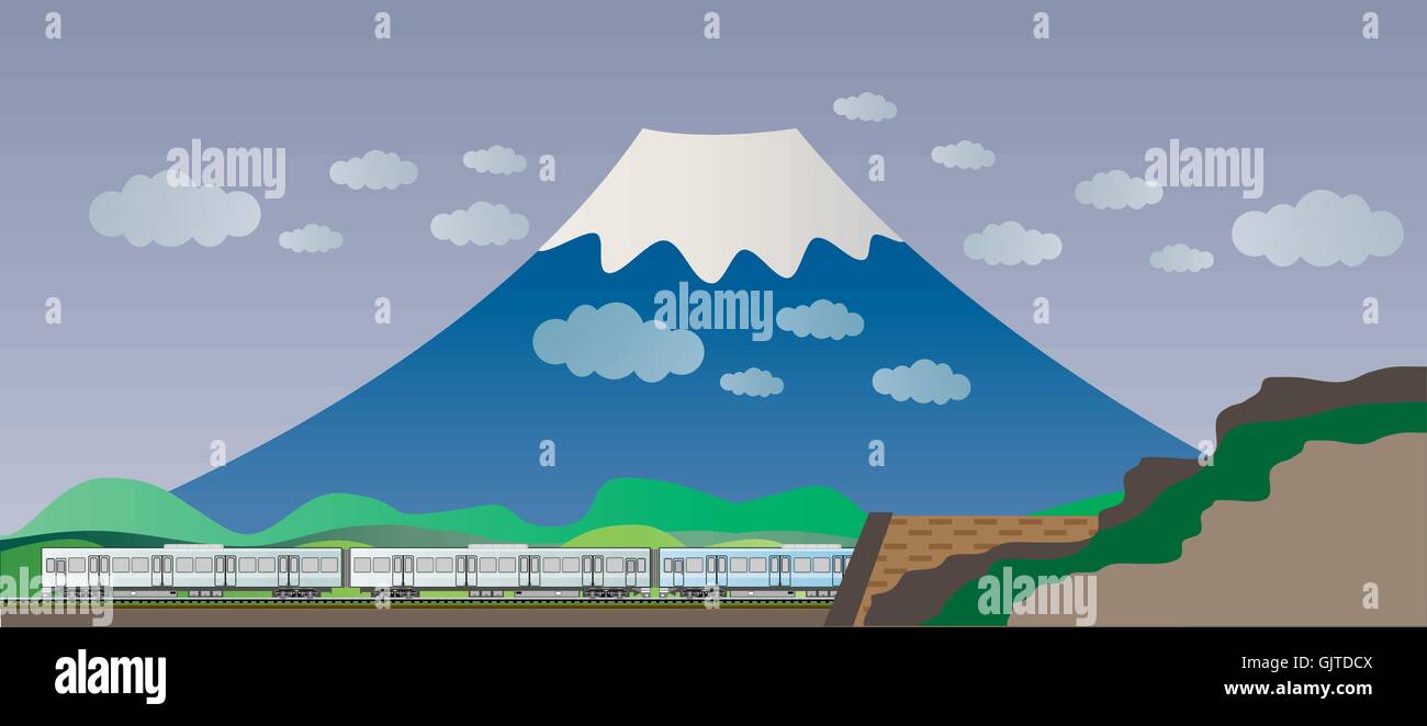 Vagone ferroviario diesel treno e tunnel con Big Mountain sullo sfondo Illustrazione Vettoriale