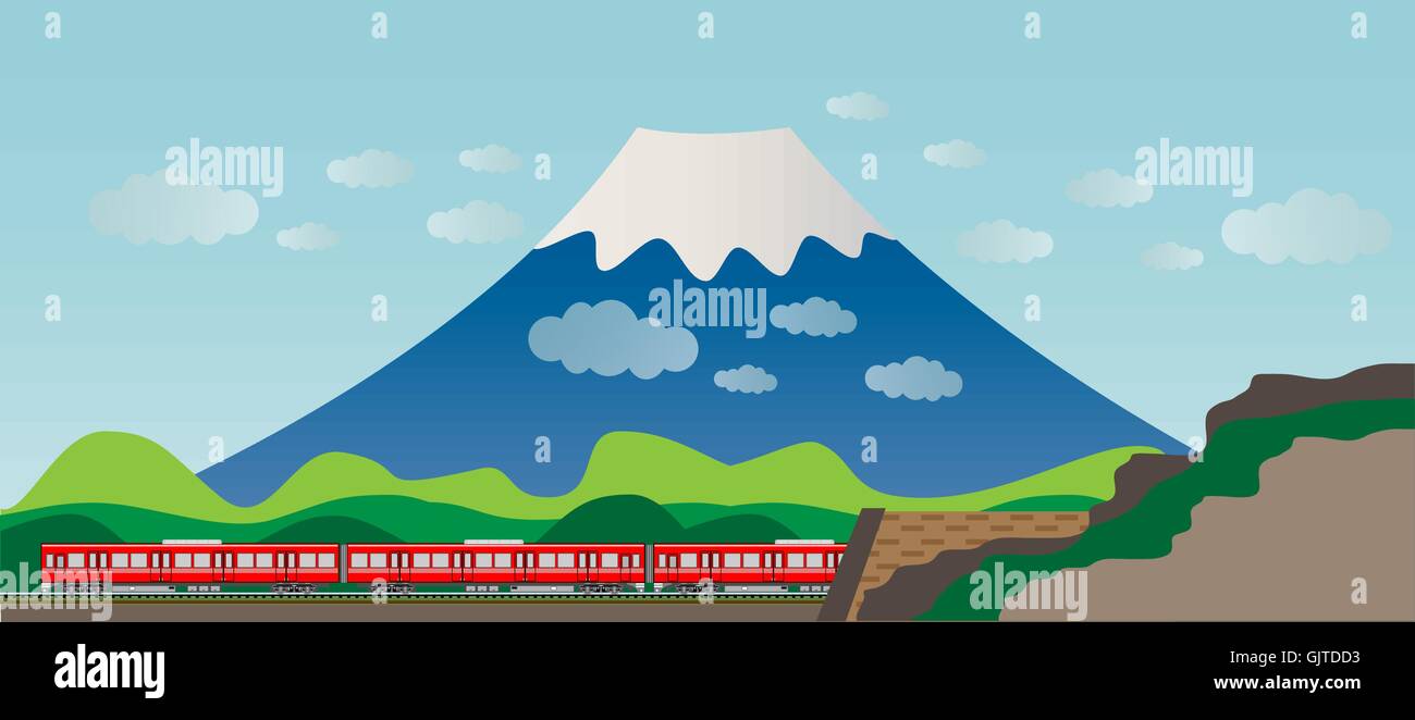 Vagone ferroviario diesel treno e tunnel con Big Mountain sullo sfondo Illustrazione Vettoriale