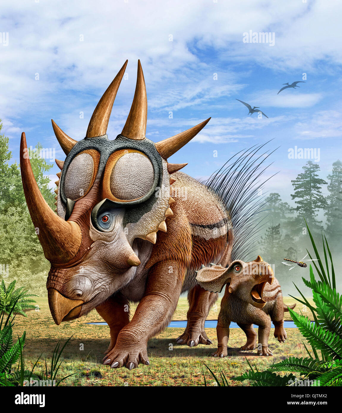 Rubeosaurus e il suo bambino vagare un ambiente preistorico Foto Stock