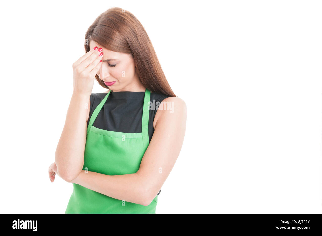 Ha sottolineato il dipendente che soffrono di mal di testa e guardando stanchi su sfondo bianco con area di testo Foto Stock