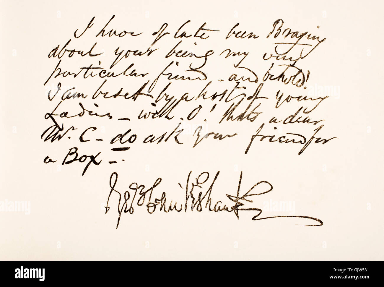 George Cruikshank, 1792 - 1878. British caricaturista e illustratore di libri. La scrittura a mano campione. Foto Stock