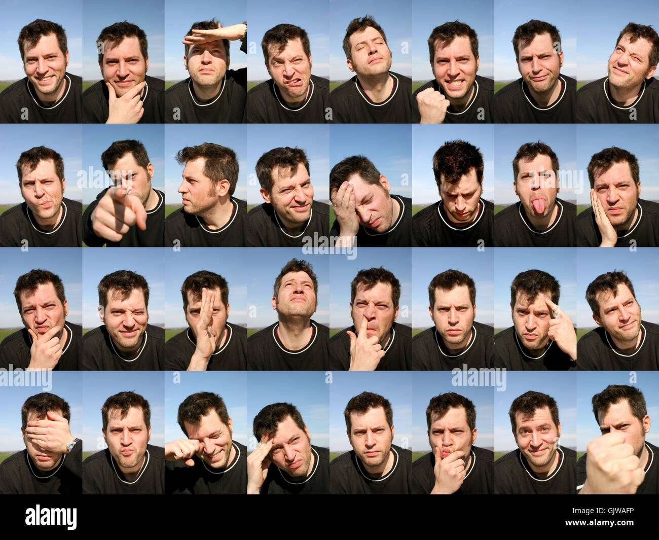 Installazione - 32 diverse espressioni del viso. Foto Stock