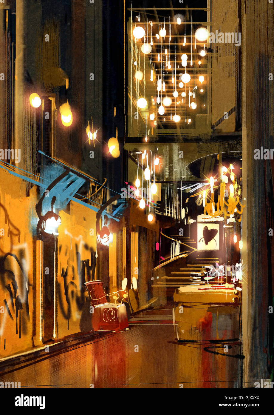 Interno del corridoio con lampade decorative,immagine,pittura digitale Foto Stock