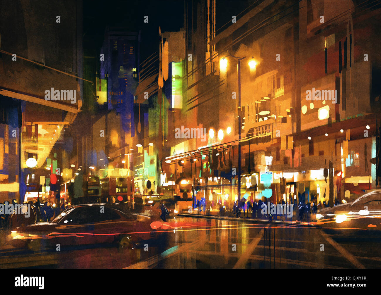 Strada di città di notte con luci colorate,immagine,pittura digitale Foto Stock