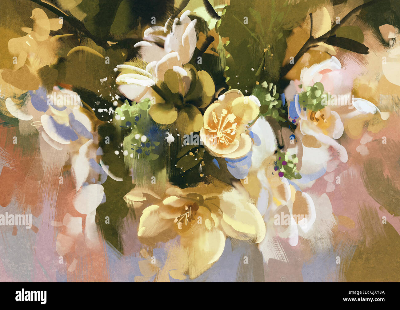 La pittura digitale di astratta fiori con texture grunge, illustrazione Foto Stock
