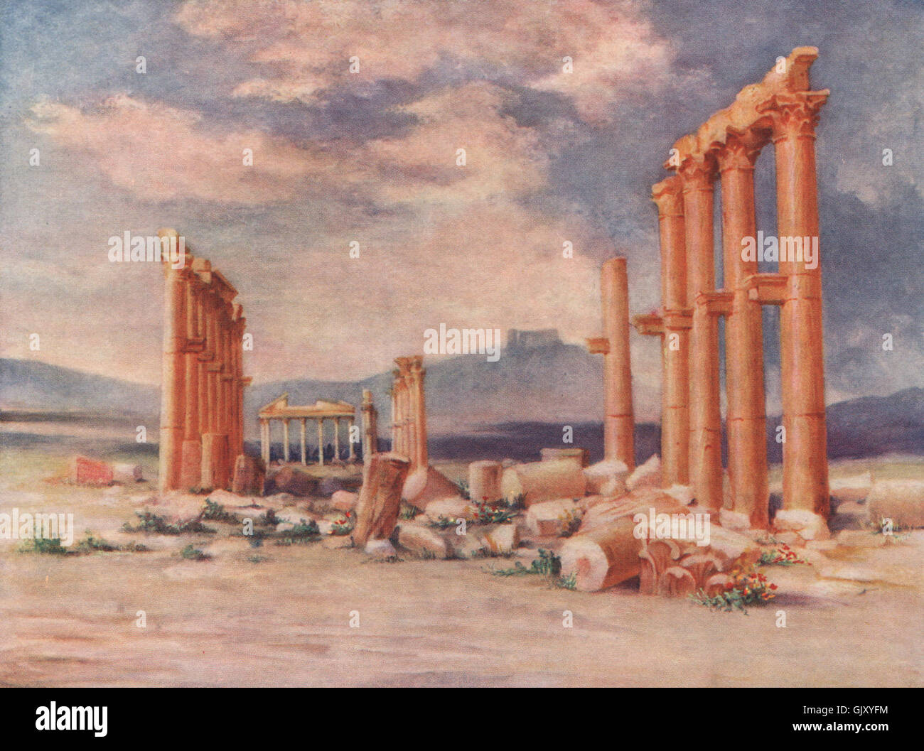 "Colonnato, Palmyra, con i drusi Castello' da Margaret Thomas. Siria, stampa 1908 Foto Stock