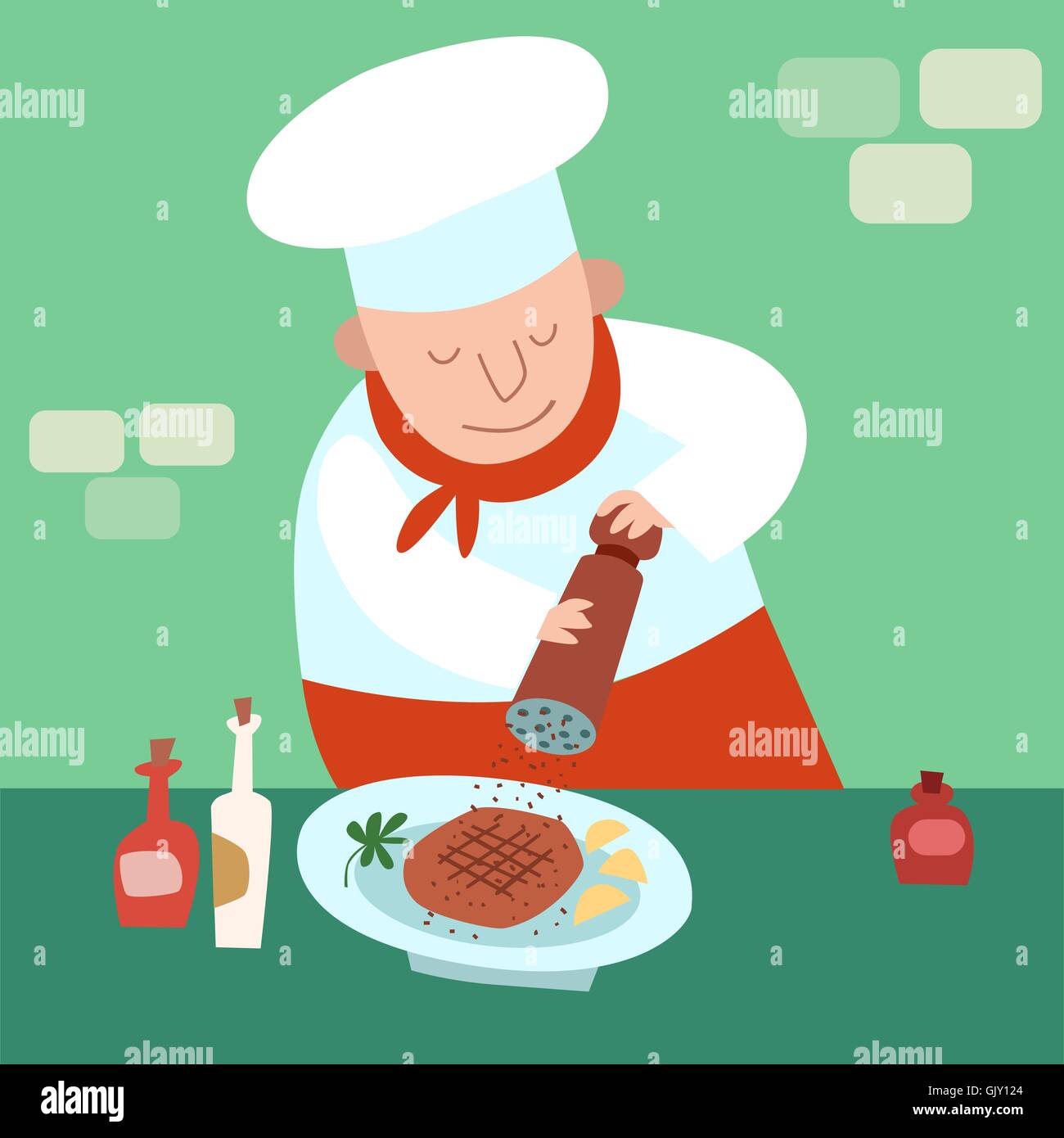 Lo chef aggiunge pepe a piatto Illustrazione Vettoriale