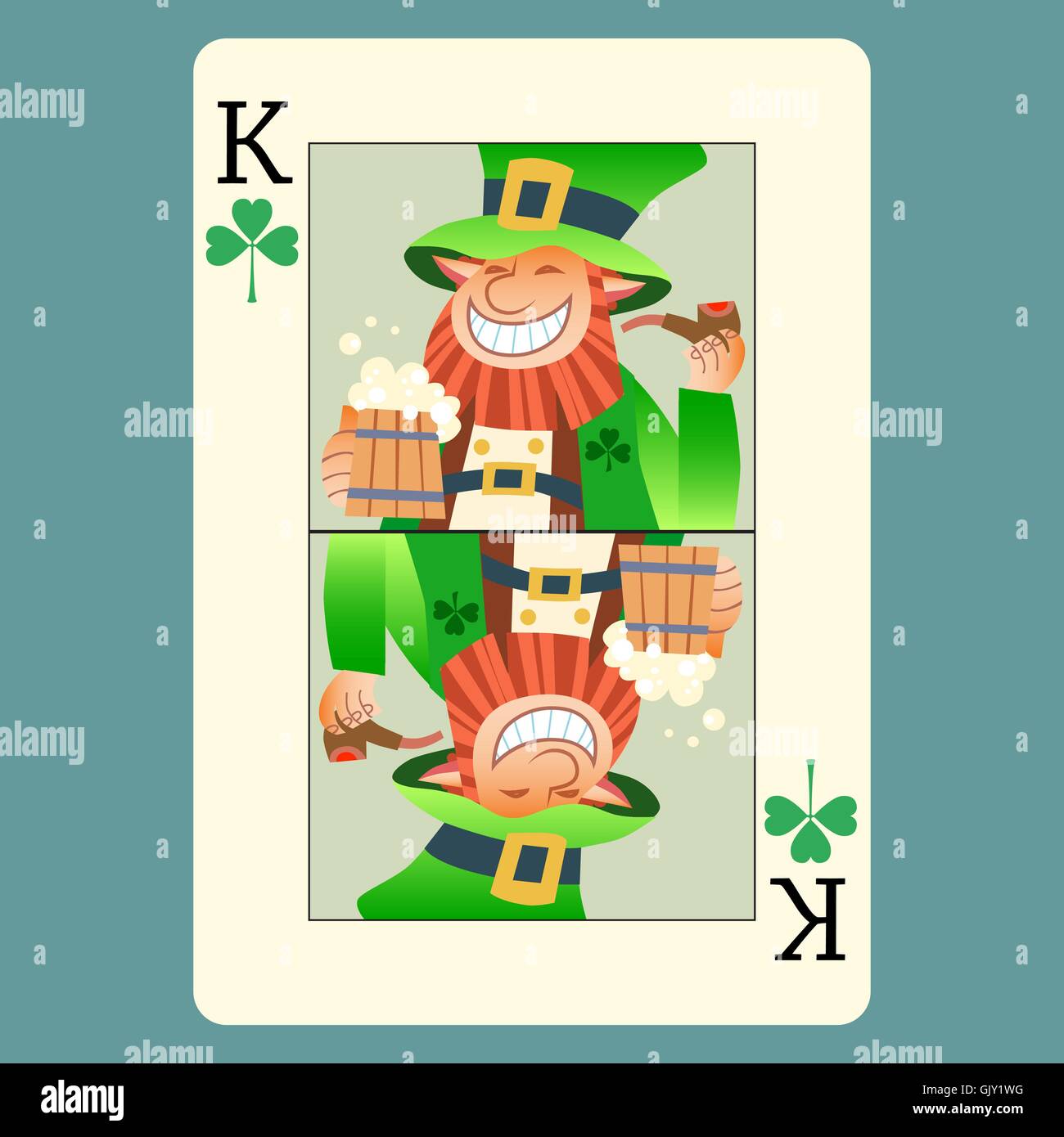 Carta da gioco re leprechaun verde della festa di San Patrizio Illustrazione Vettoriale