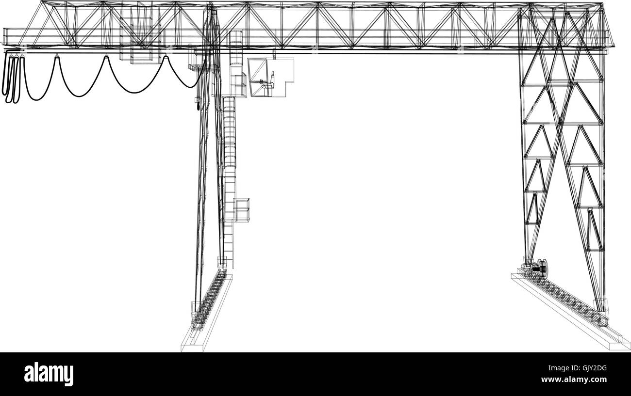 Gantry Crane. Filo-telaio. Vettore di rendering 3D Illustrazione Vettoriale