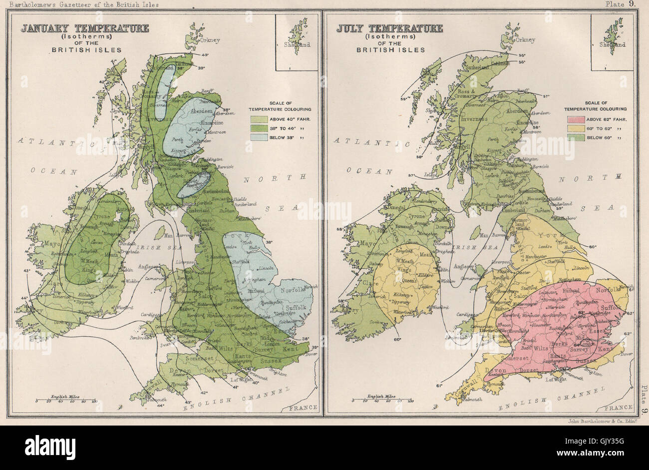 Isole britanniche isoterme. Da gennaio a luglio la temperatura. Bartolomeo, 1904 mappa vecchia Foto Stock