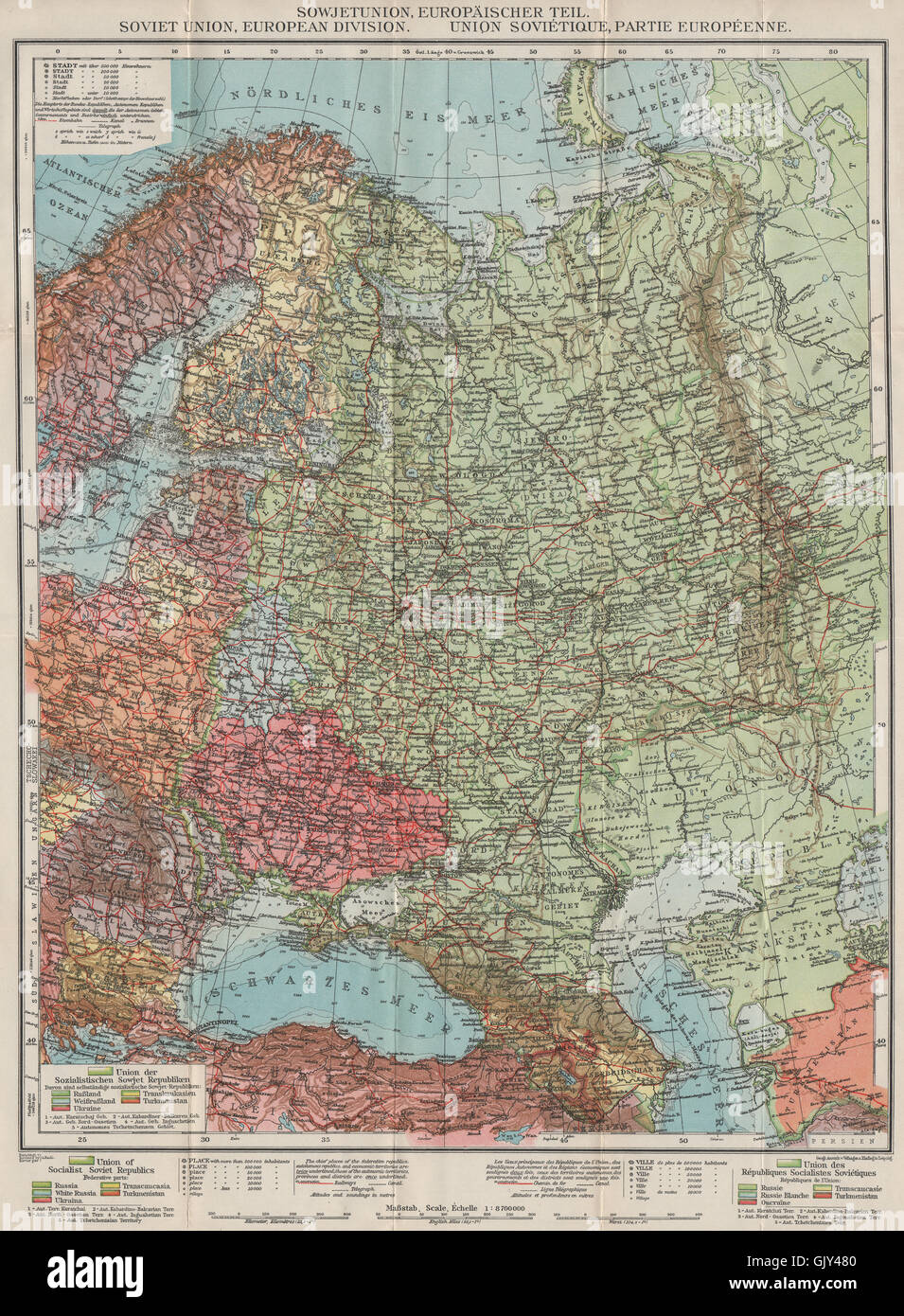 Unione Unione Sovietica/URSS. CCCP. La Russia in Europa, 1929 Vintage map Foto Stock