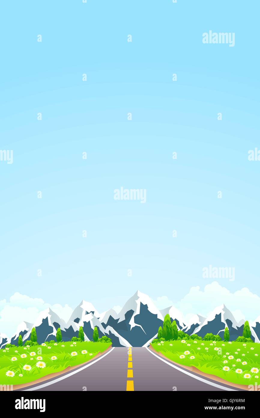 Paesaggio verde con il trasporto su strada e le montagne Illustrazione Vettoriale