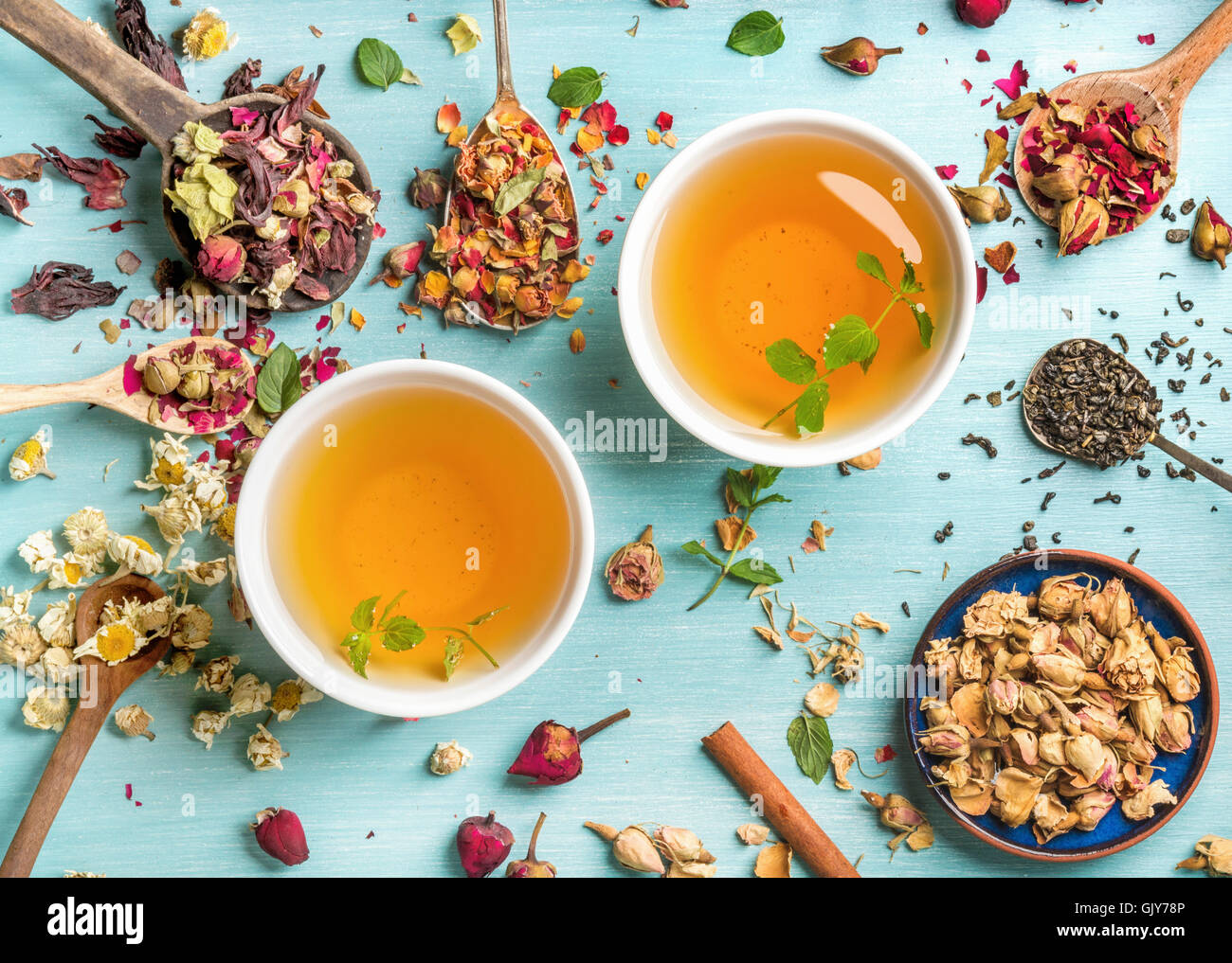 Due tazze di sano tè alle erbe con la menta, cannella, essiccato rose e fiori di camomilla in cucchiai su sfondo blu, vista dall'alto Foto Stock