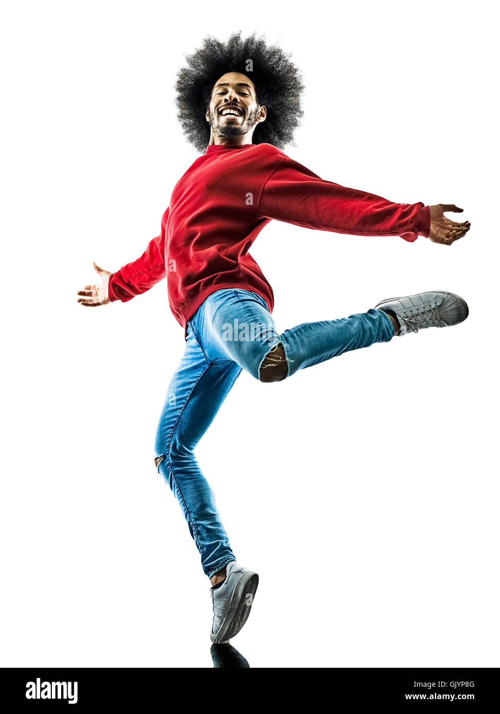 Un uomo africano dancer dancing in silhouette isolati su sfondo bianco Foto Stock
