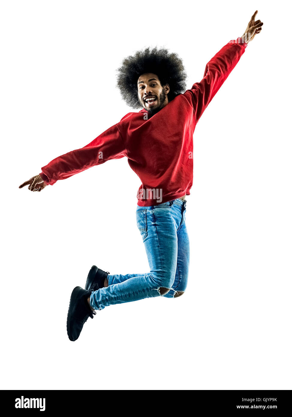 Un uomo africano jumping happy in silhouette isolati su sfondo bianco Foto Stock