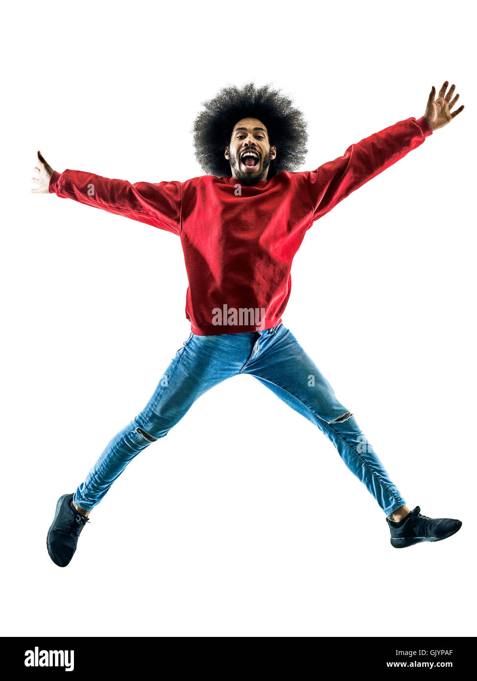 Un uomo africano jumping happy in silhouette isolati su sfondo bianco Foto Stock