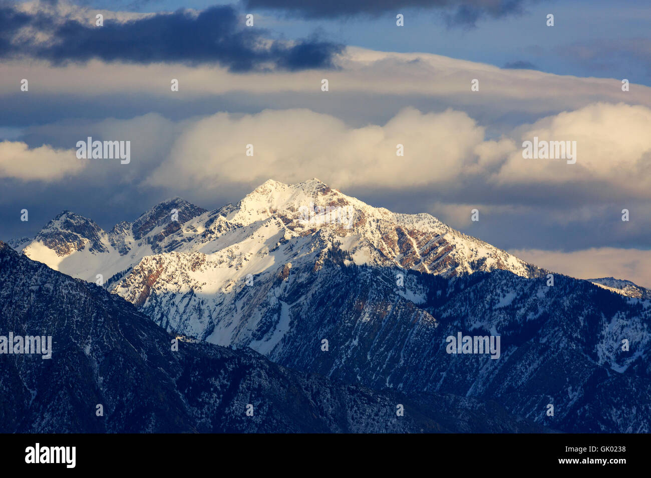 Si tratta di un tardo pomeriggio vista di Twin Peaks e grandi pioppi neri americani Canyon nella montagna di Wasatch Range a est di Salt Lake City, Utah Foto Stock