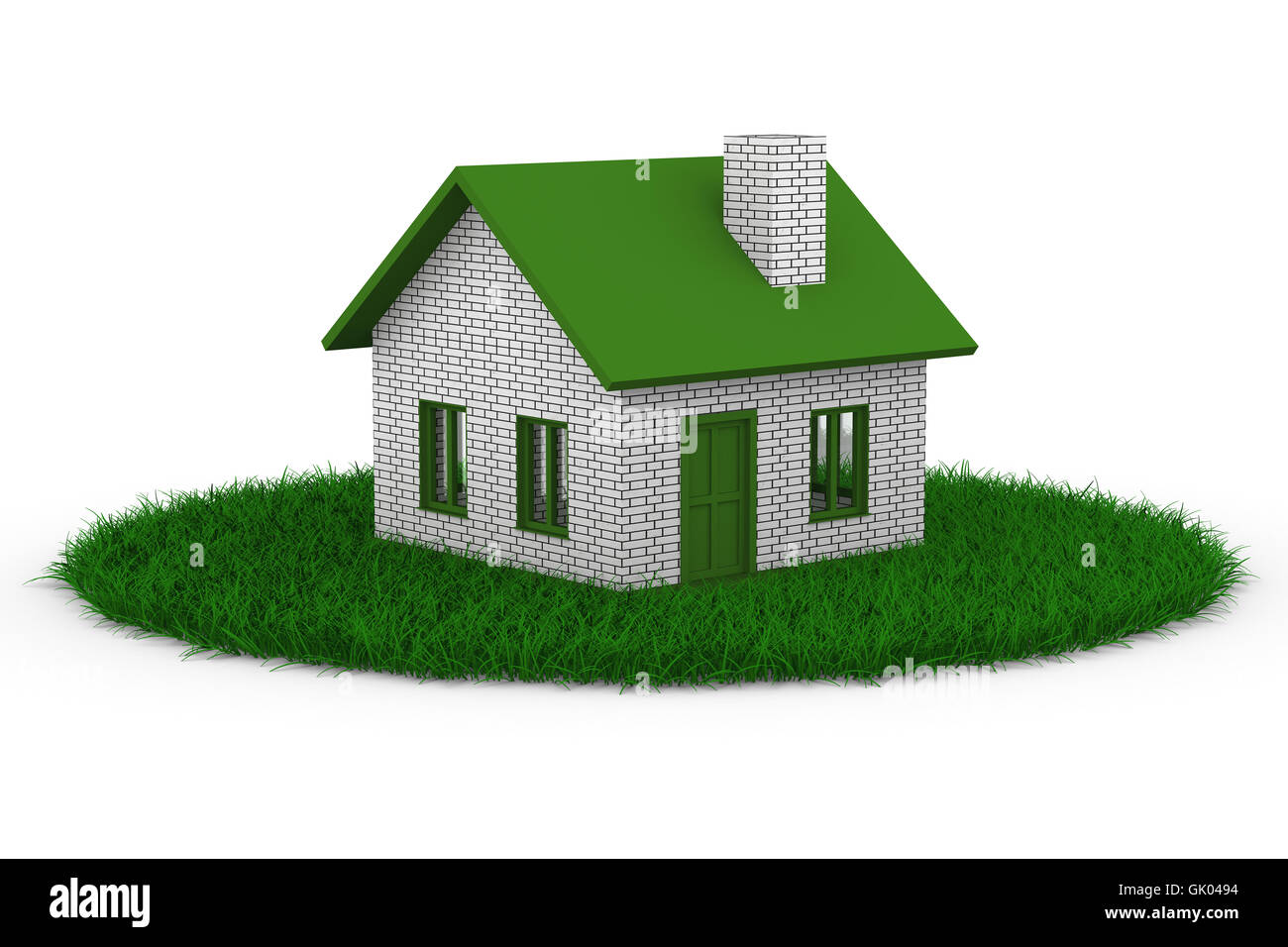 Casa sull'erba. Isolato immagine 3D su bianco Foto Stock