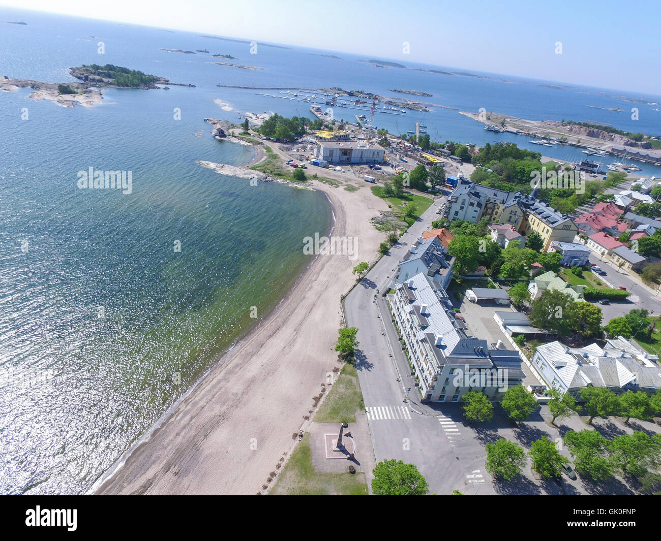 Vista aerea su Hanko city beach, Uusimaa, Finlandia Foto Stock