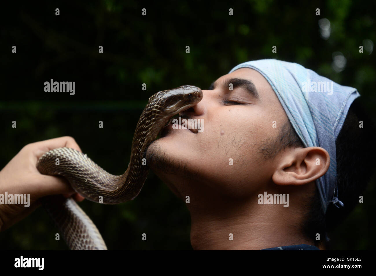 Kolkata, India. 17 Ago, 2016. Dipankar un villaggio locale giovane uomo  gioca con snake in fiera.migliaia di devoti e incantatore di serpente a  raccogliere Khadiyatala vicino a Chakdaha, Nadia in occasione del