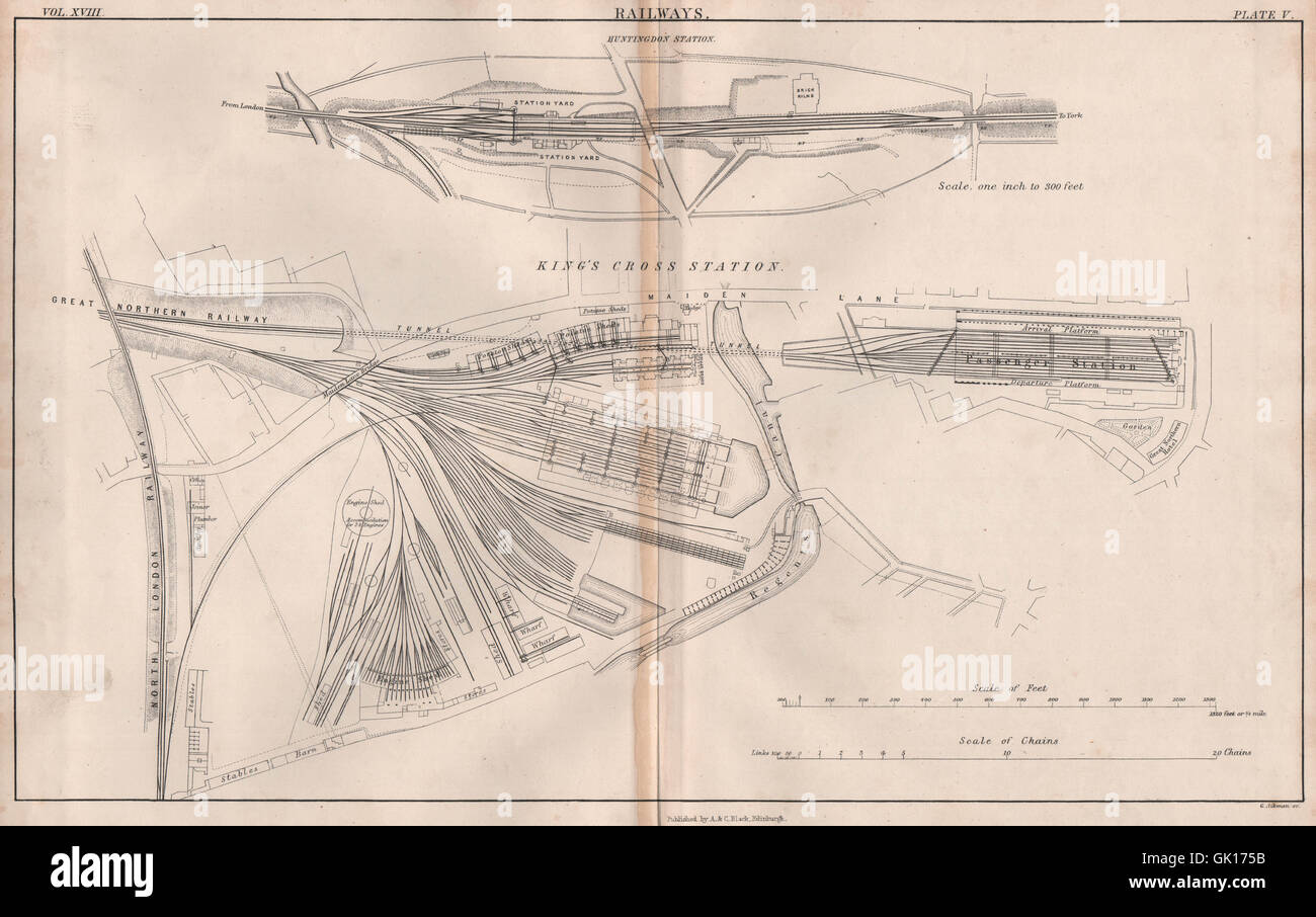 Stazione di King Cross track layout. Stazione di Huntingdon. La BRITANNICA, 1860 Mappa Foto Stock