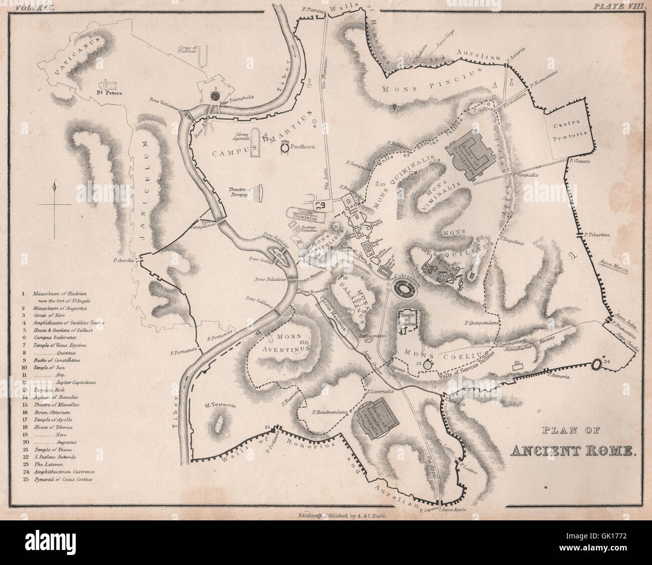 Pianta di Roma antica. La BRITANNICA, 1860 Mappa antichi Foto Stock