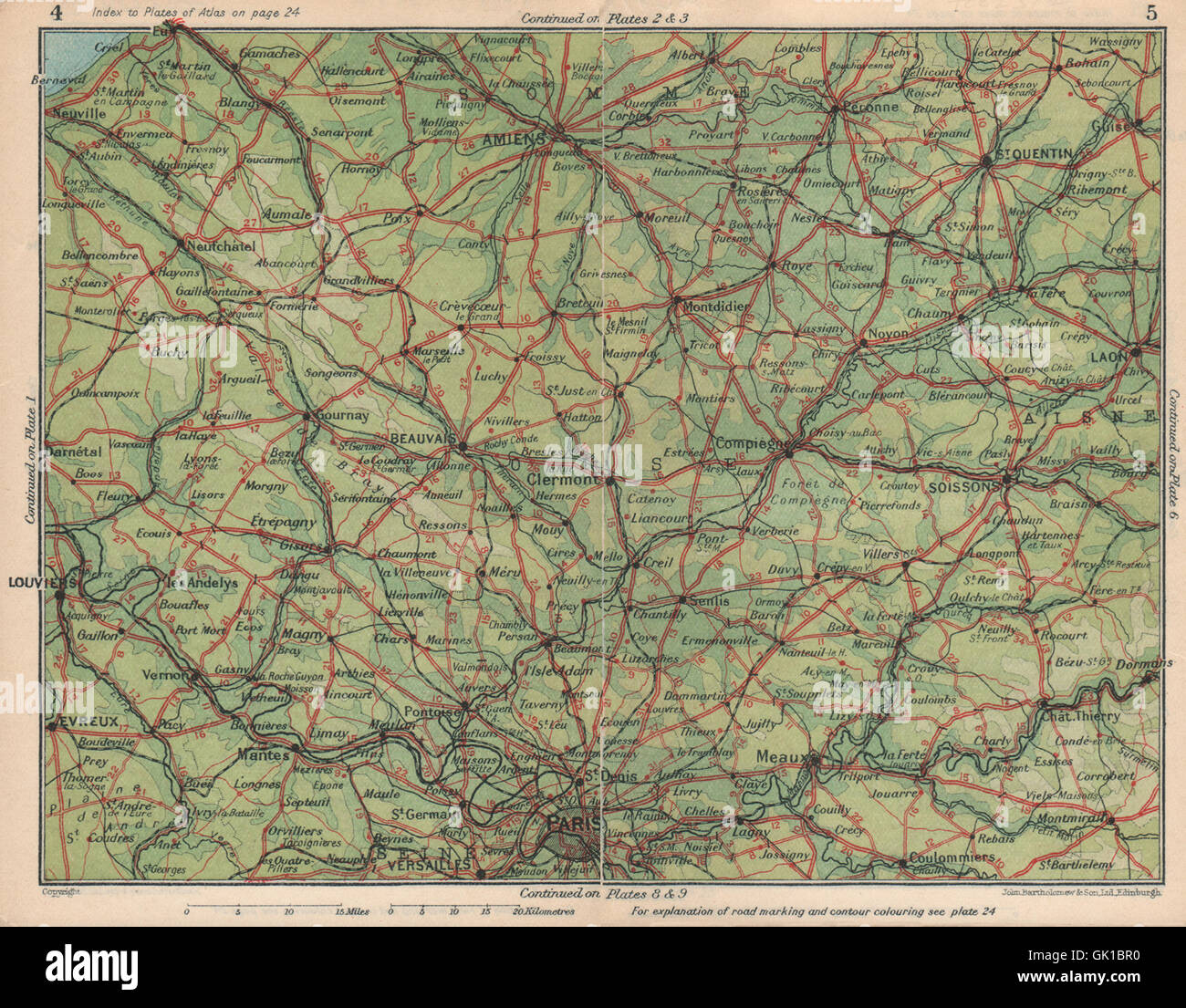 PICARDIE. Somme Aisne Oise Amiens Laon Beauvais Paris St Quentin, 1930 mappa vecchia Foto Stock