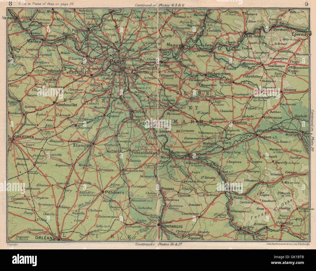 ILE-de-France. Paris Seine-et-Oise Seine-et-Marne Loiret. Orleans, 1930 Mappa Foto Stock