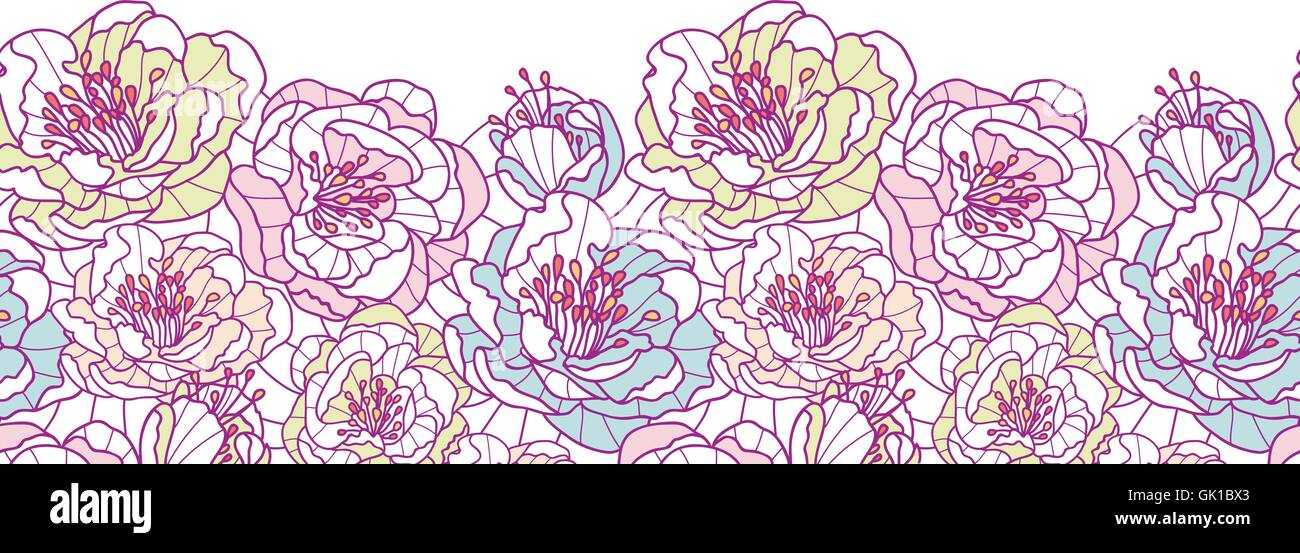 Linea di coloratissimi fiori arte orizzontale modello senza cuciture del bordo dello sfondo Illustrazione Vettoriale