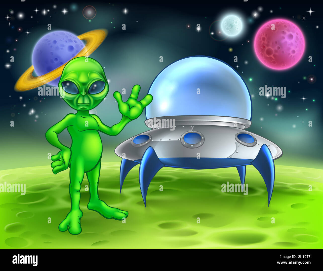 Un piccolo uomo verde alien personaggio dei fumetti sventolare davanti al suo Flying Saucer nave spaziale su un pianeta o luna Foto Stock