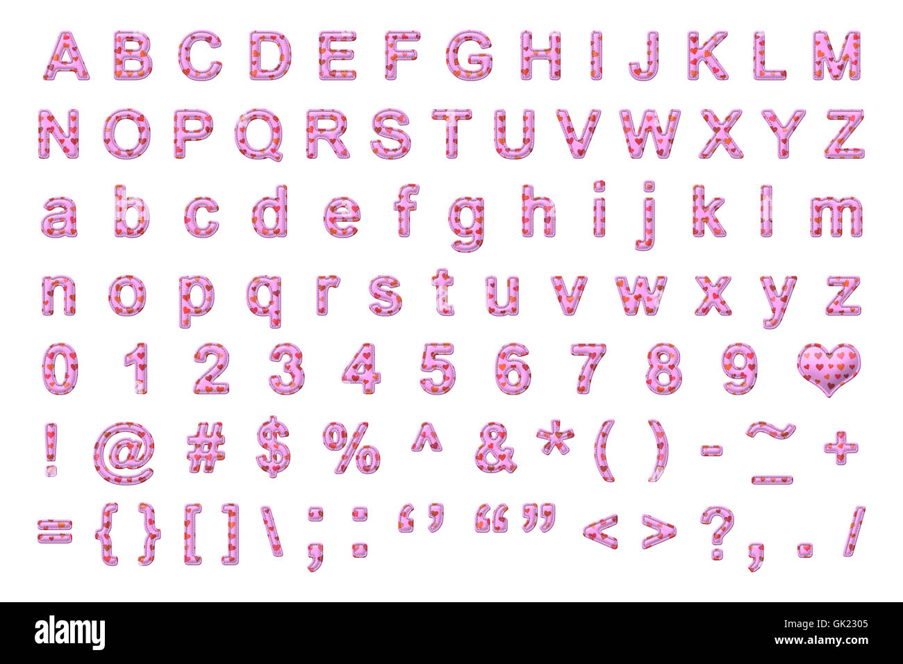 Set alfabeto con cuore trama ,cucito di confine e stile di rilievo isolato su bianco Foto Stock
