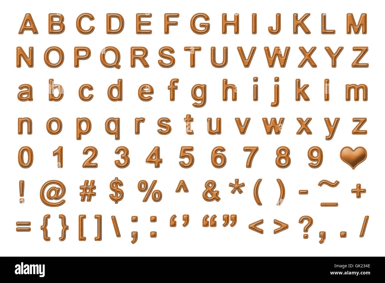 Set alfabeto con marrone pelle animale texture ,cucito di confine e stile di rilievo isolato su bianco Foto Stock