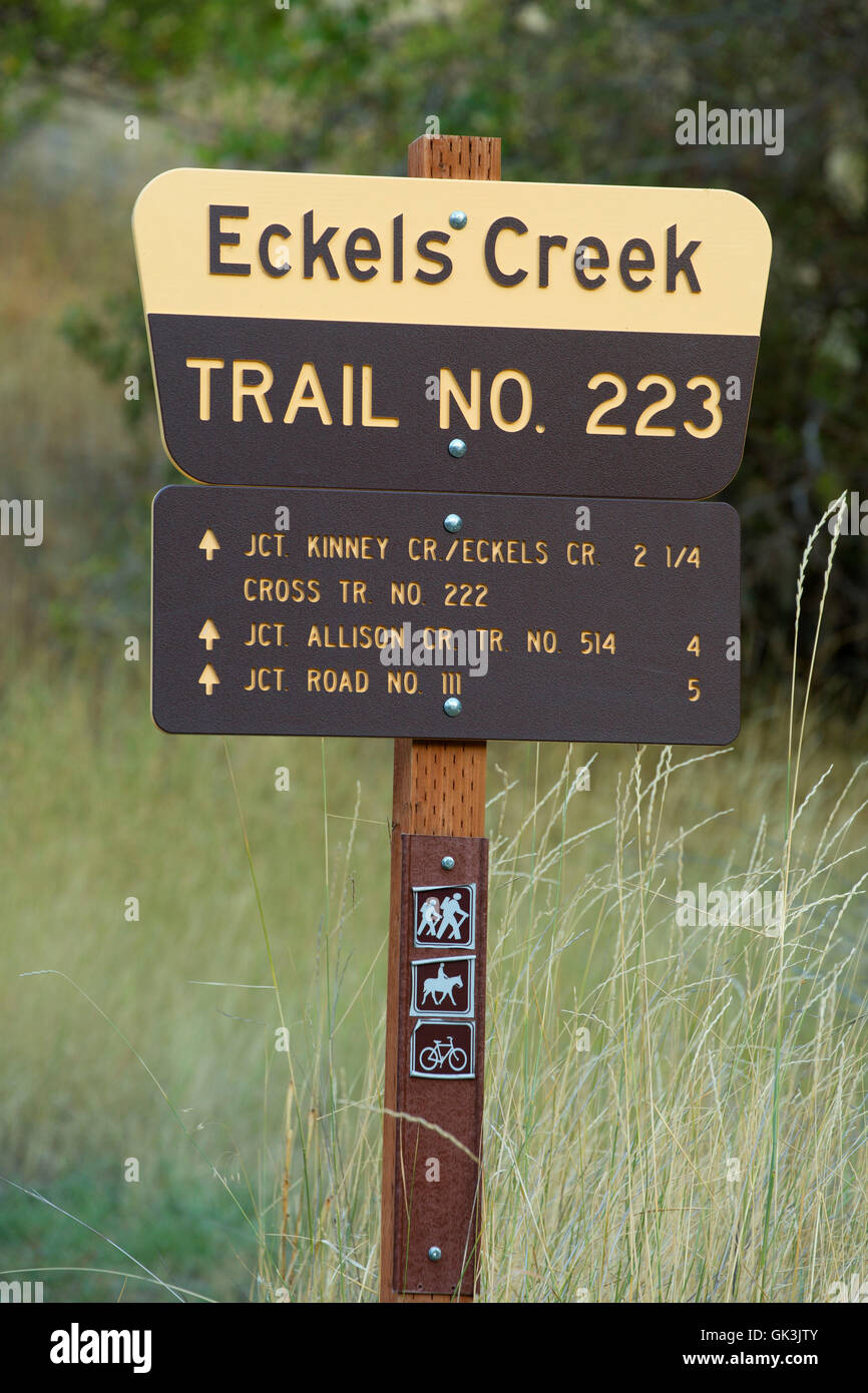 Eckels Creek Trail segno, Hells Canyon sette demoni Scenic Area, Hells Canyon Scenic Byway, Payette National Forest, Idaho Foto Stock