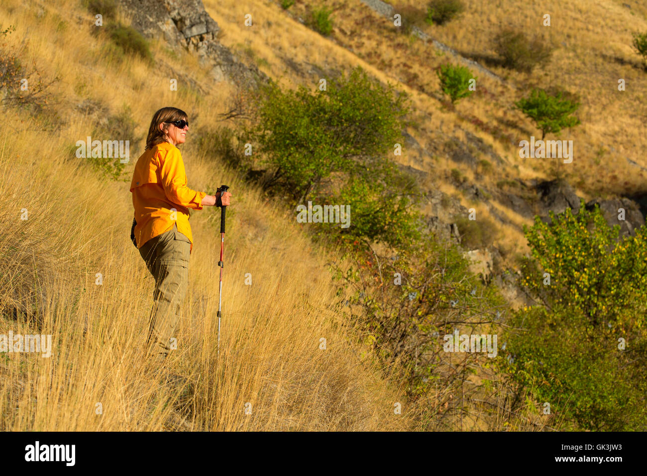 Escursionista su Eckels Creek Trail, Hells Canyon sette demoni Scenic Area, Hells Canyon Scenic Byway, Payette National Forest, Idaho Foto Stock