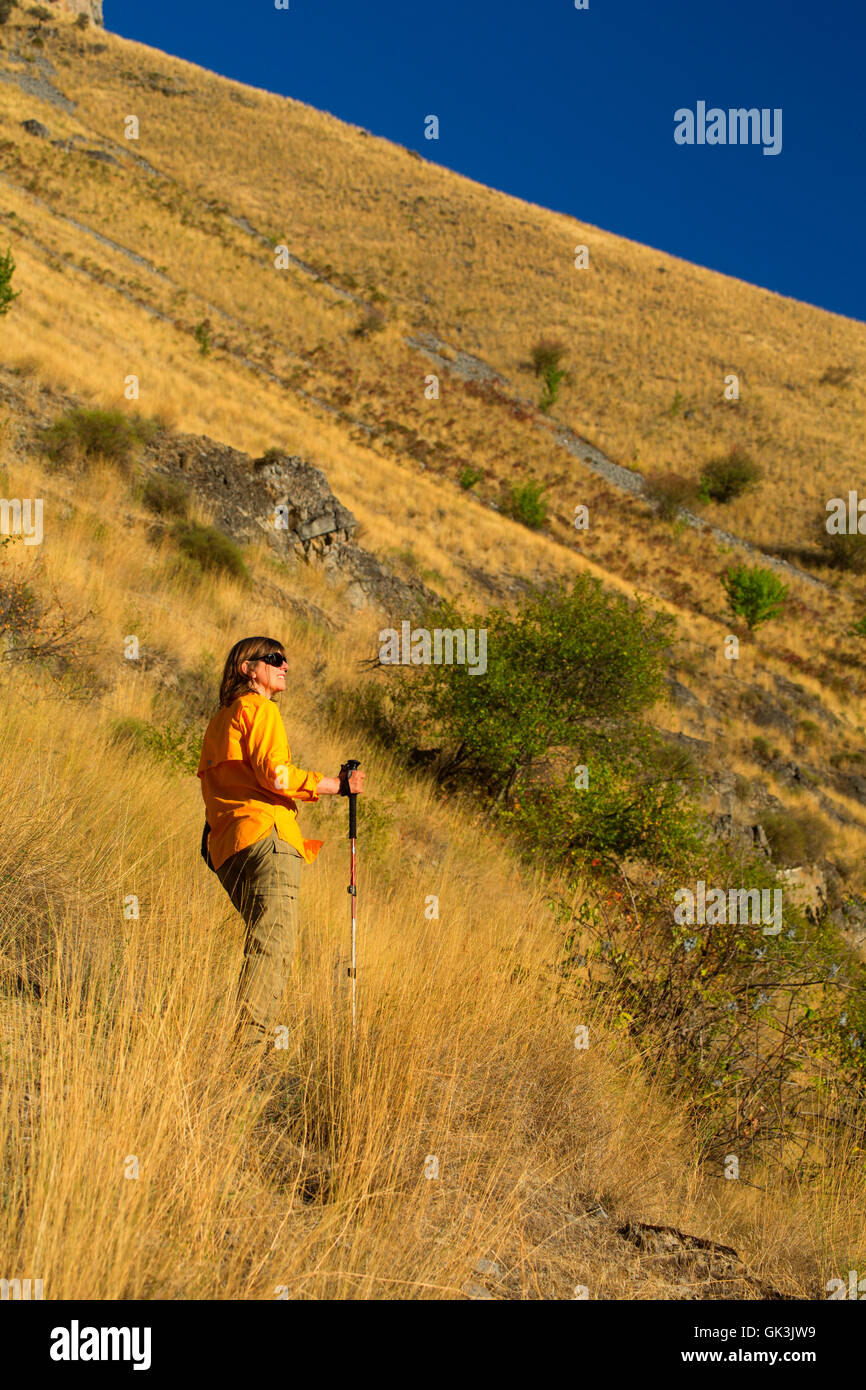 Escursionista su Eckels Creek Trail, Hells Canyon sette demoni Scenic Area, Hells Canyon Scenic Byway, Payette National Forest, Idaho Foto Stock