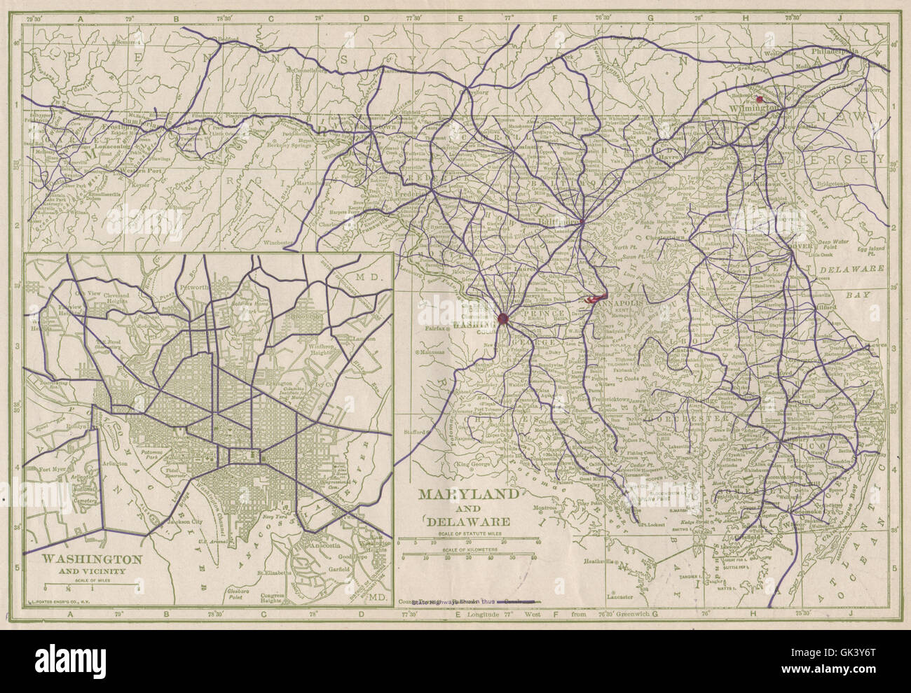 Maryland, Delaware & Washington DC Strade Statali. POATES, 1925 Vintage map Foto Stock