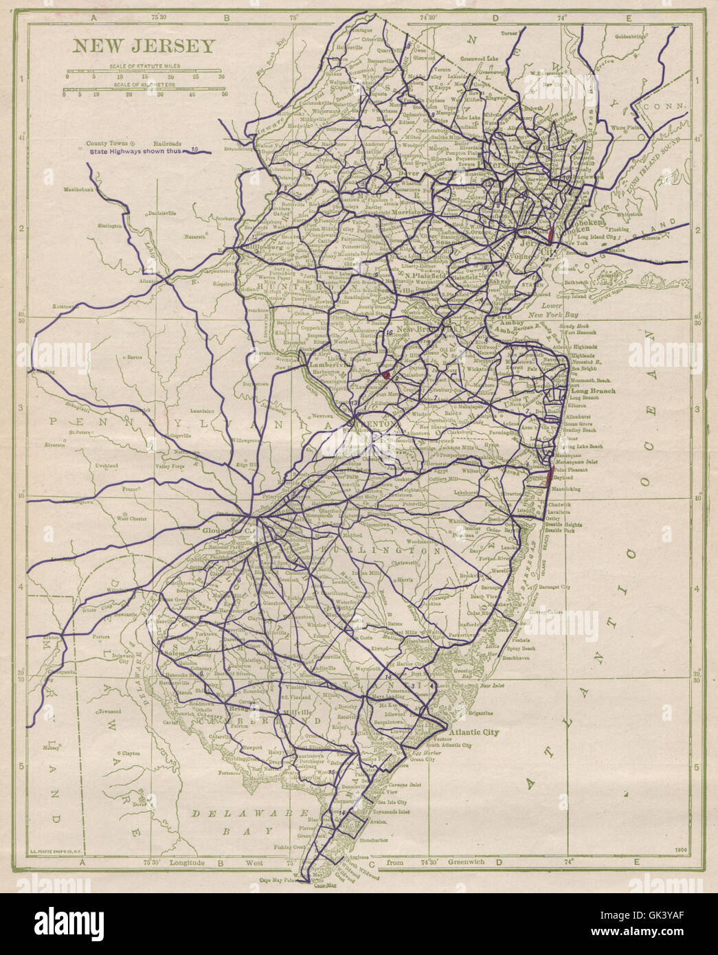 New Jersey strade statali. POATES, 1925 Vintage map Foto Stock