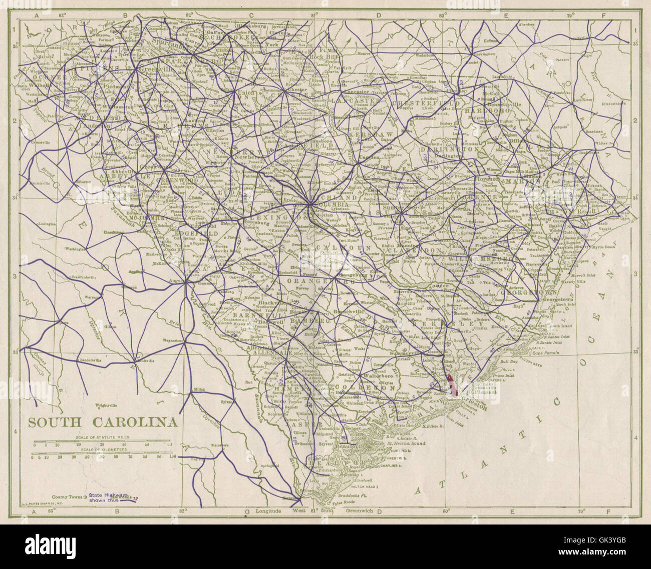 Carolina del Sud strade statali. POATES, 1925 Vintage map Foto Stock