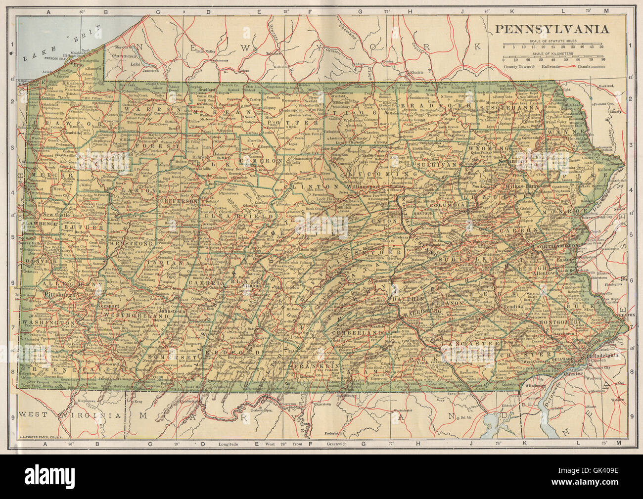Dello stato della Pennsylvania che mostra mappa ferrovie. POATES, 1925 Foto Stock