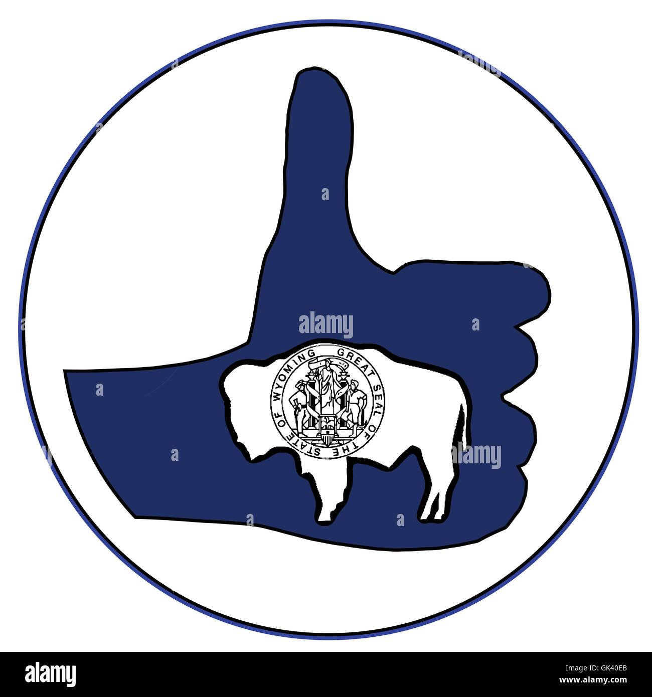 Wyoming bandiera dando a mano il pollice in alto segno tutti su uno sfondo bianco Illustrazione Vettoriale