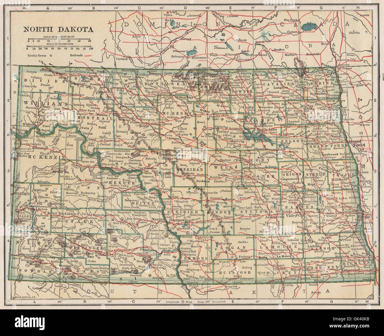 Il Dakota del Nord stato Mostra mappa ferrovie. POATES, 1925 Foto Stock