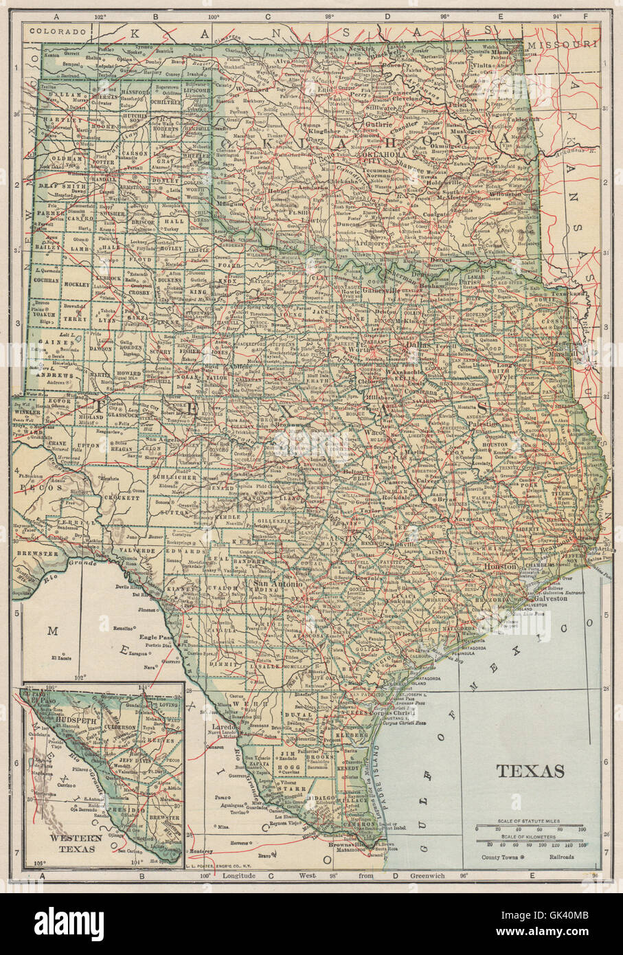 Stato del Texas che mostra mappa ferrovie. POATES, 1925 Foto Stock