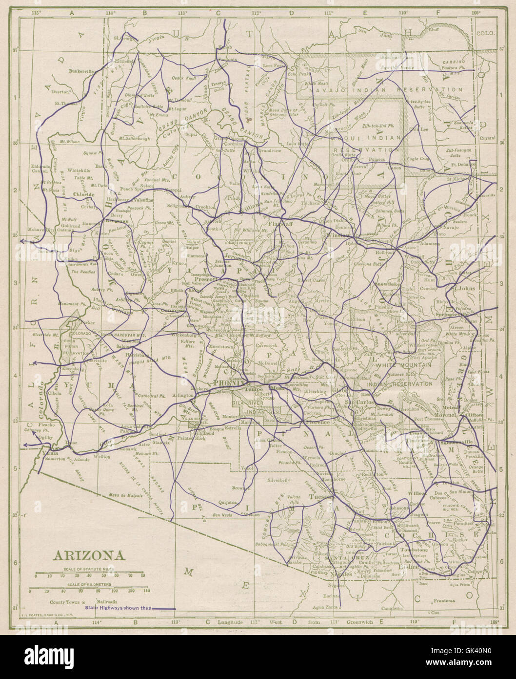 Stato dell Arizona autostrade. POATES, 1925 Vintage map Foto Stock