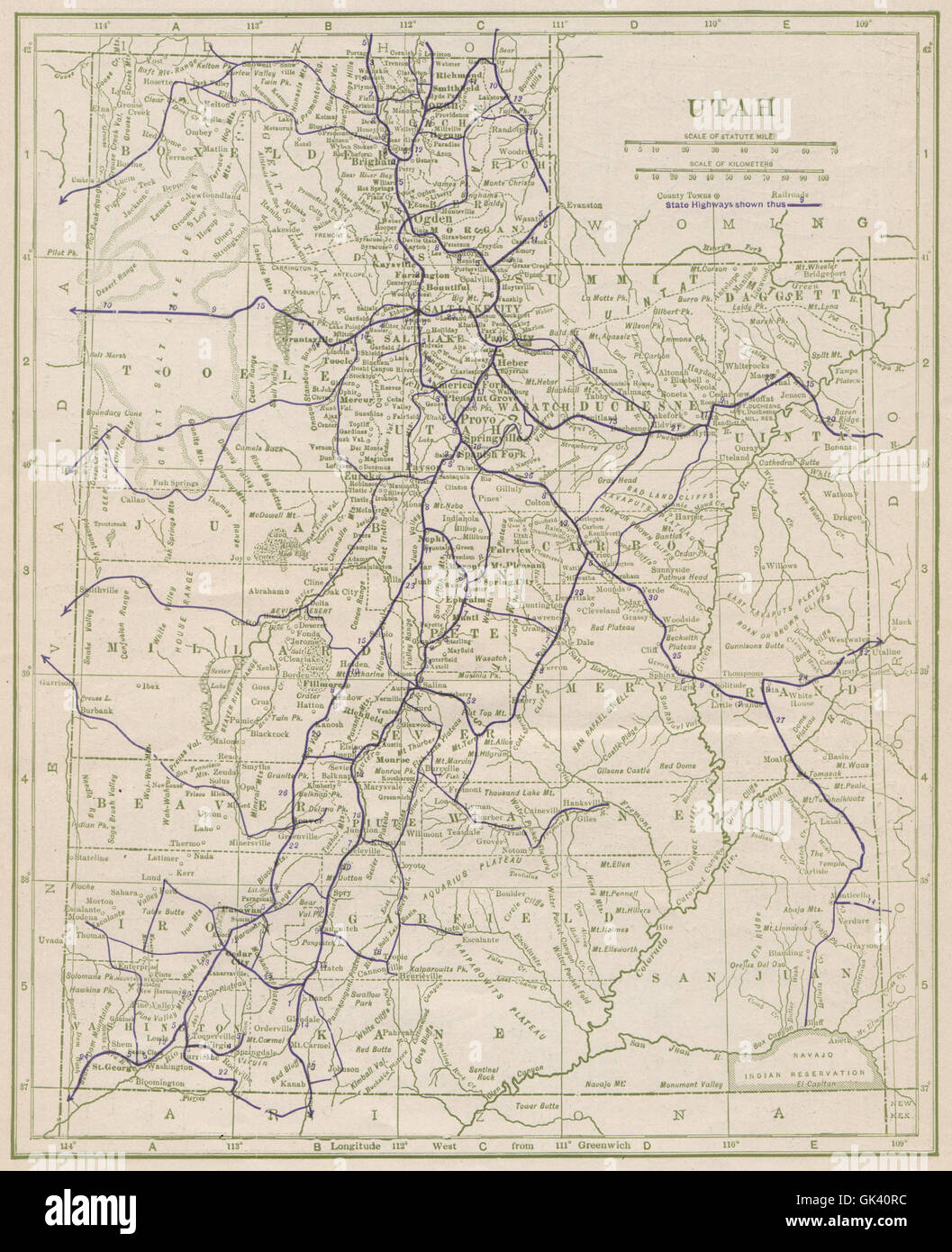 La Utah State autostrade. POATES, 1925 Vintage map Foto Stock