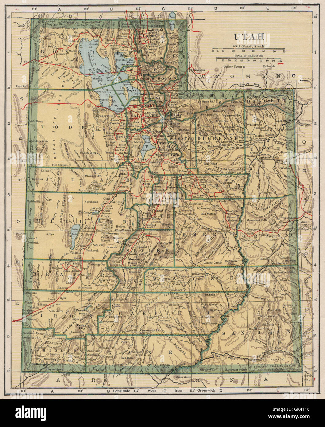 La Utah State mappa mostrando ferrovie. POATES, 1925 Foto Stock
