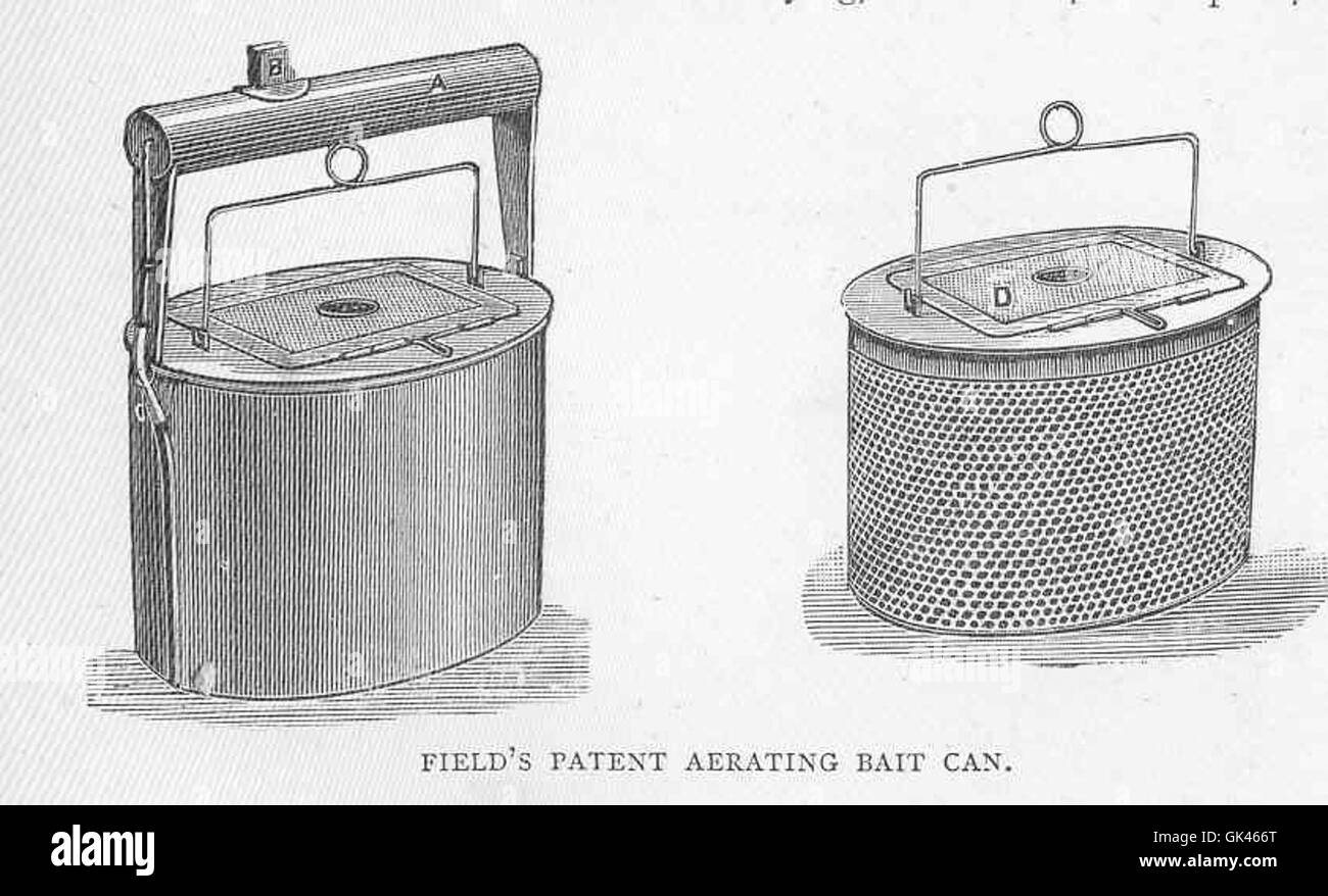 Field’s Patent Aerating Bait CAN, un primo dispositivo progettato per preservare le esche per la pesca mediante aerazione del contenuto, che mostra i progressi tecnologici nelle attrezzature da pesca. Foto Stock