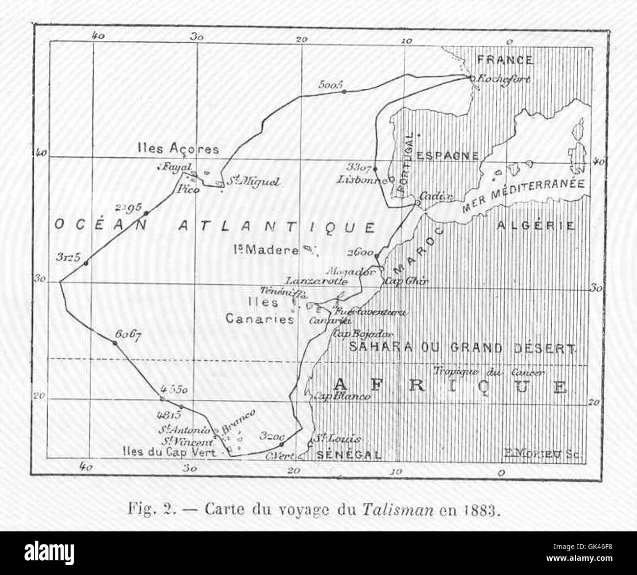 La mappa raffigura il viaggio del talismano nel 1883, mostrando il percorso intrapreso dalla nave. I talismano intrapresero un viaggio significativo, navigando attraverso vari territori e mari durante quell'anno, contribuendo all'esplorazione marittima. Foto Stock